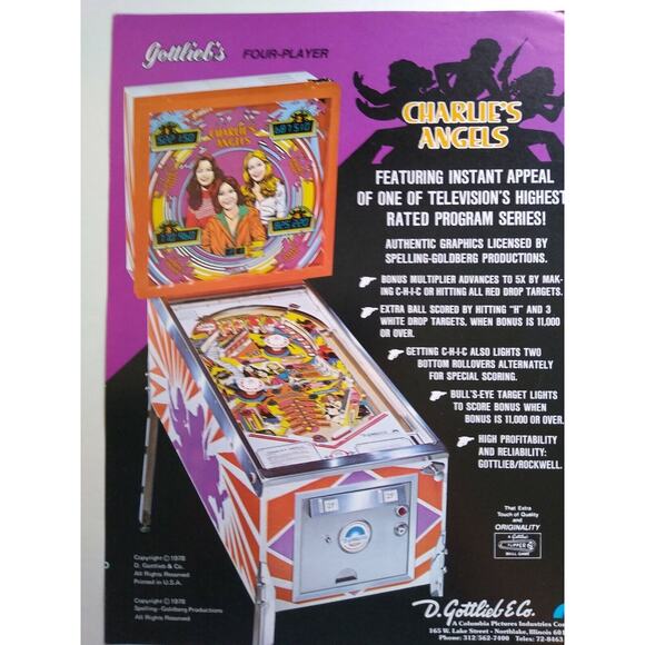 Charlies Angels Pinball FLYER Original Art Jaclyn Smith Cheryl Ladd Retro - Picture 3 of 6
